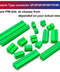3.81mm Phoenix Type PCB Screw Terminal Block Connector No Soldering Kit With Male And Female Pins Set Green For Easy Plug And Play Electronics Projects 2 Sets Total 4 Connectors, green connectors layout.