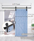 Beefed Up 6Ft Sliding Barn Door Hardware Kit with Smooth and Quiet Operation, installed with blue door, fits 1 3/8 to 1 3/4 inch thick doors.