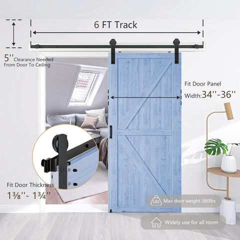 Beefed Up 6Ft Sliding Barn Door Hardware Kit with Smooth and Quiet Operation, installed with blue door, fits 1 3/8 to 1 3/4 inch thick doors.