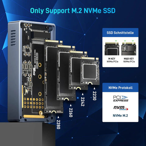 Blazing Fast M.2 NVMe SSD Enclosure displaying support for various SSD sizes 2230 to 2280 in a sleek design.