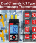 Go-To Dual Channel Digital K Type Thermocouple Thermometer With 2 HVAC Clamps And 2 Probes, black handheld unit