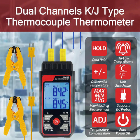 Go-To Dual Channel Digital K Type Thermocouple Thermometer With 2 HVAC Clamps And 2 Probes, black handheld unit