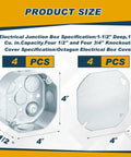 Four Pack Four By Four Inch Electrical Junction Boxes With Covers Octagonal Metal Outlet Boxes 15.5 Cu In Capacity One And One Half Inch Deep Receptacle Exposed Work Box Set For DIY Renovations, shown with 4x4 cover