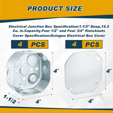 Four Pack Four By Four Inch Electrical Junction Boxes With Covers Octagonal Metal Outlet Boxes 15.5 Cu In Capacity One And One Half Inch Deep Receptacle Exposed Work Box Set For DIY Renovations, shown with 4x4 cover