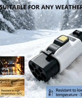 Type 1 to GBT EV Charging Adapter SAE J1772 to GBT Converter 32A in snow, showcasing IP54 waterproof rating and weather resistance.