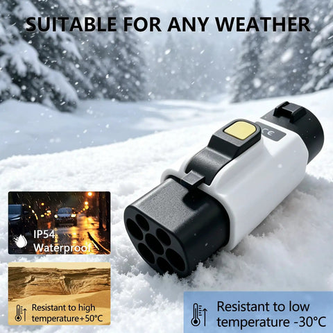 Type 1 to GBT EV Charging Adapter SAE J1772 to GBT Converter 32A in snow, showcasing IP54 waterproof rating and weather resistance.
