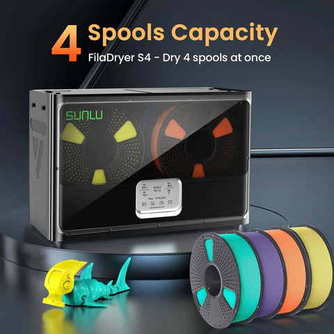3D Printer Filament Dryer S4 4 Spool Capacity With 3 Circulation Fans, 350W PTC Heater, Black, shown with multiple filament spools