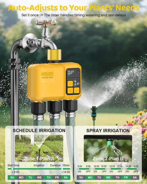 WiFi Water Timer Three Zone Garden Hose Controller With Brass Inlet And Outlet Smart Sprinkler Timer in use outdoors