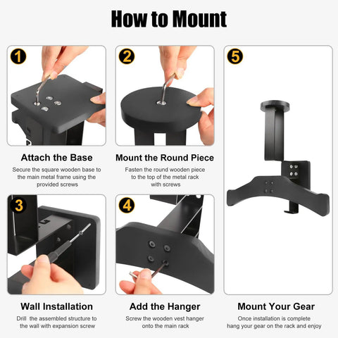 Instruction guide for installing Heavy Duty Wall Mount Tactical Gear Stand Holds Up To 100 Lbs With Solid Wood Frame And Rust Proof Steel.