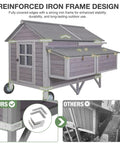 68 Inch Mobile Chicken Coop On Wheels For 8 To 12 Chickens, Wooden Hen House With Reinforced Iron Frame And Nesting Boxes