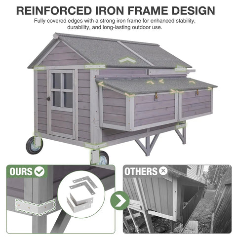 68 Inch Mobile Chicken Coop On Wheels For 8 To 12 Chickens, Wooden Hen House With Reinforced Iron Frame And Nesting Boxes