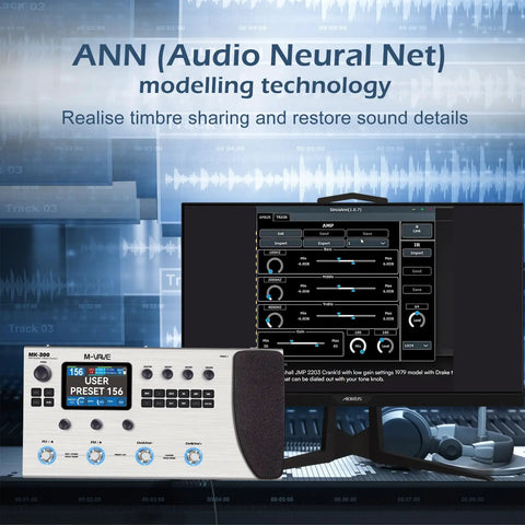 MK-300 Guitar And Bass Amp Modeler With 320 Plus Effects showing interface and ANN technology features