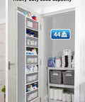 Heavy Duty Over The Door Storage Organizer With Five Tier Shelves For Bedroom Pantry Bathroom, showcasing five grey shelves with cleaning supplies.