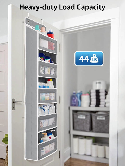 Heavy Duty Over The Door Storage Organizer With Five Tier Shelves For Bedroom Pantry Bathroom, showcasing five grey shelves with cleaning supplies.