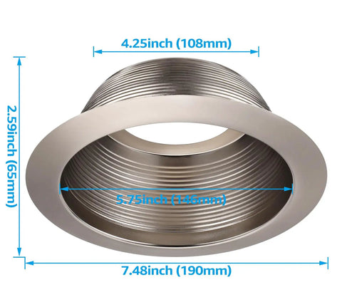 6 Inch Integrated Can Light Trim One Piece Baffle In Full Metal, Fits Halo Juno Remodel Recessed Cans, Satin Nickel Finish with dimensions