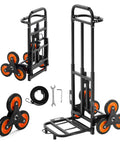 Stair Climbing Dolly With Telescoping Handle 460 Lb Capacity Heavy Duty Folding Trolley Cart with six wheels, black frame, ropes, and tools