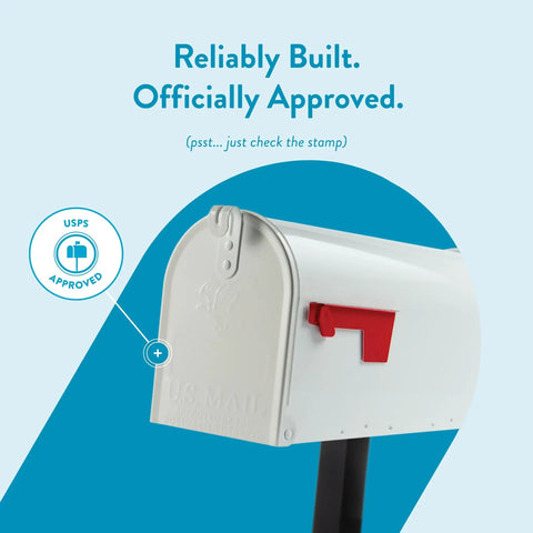 Weather Resistant Steel Mailbox With Post For Outside Use White Medium Curbside Style Built For Rain Snow And Sun Tough As Nails Durable Outdoor Mailbox For Residential Delivery Rust Resistant And USPS Approved, featuring a close-up of the metal mailbox with red flag.