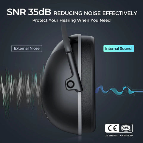 Side view of black Noise Cancelling Ear Muffs For Adults And Kids With 35dB Hearing Protection showing noise reduction features.