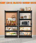 Beefy Heavy Duty Metal Garage Shelves 5-Tier Storage Rack With 2000 Lb Capacity, Adjustable Kitchen Pantry Basement Organizer, Black Steel Shelving Unit For Tools And Cans, Durable Built In Ribs, 59 In H By 28 In W By 12 In D, shown in broad and narrow setup