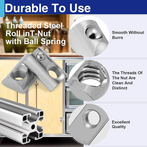 Pack Of 25 1/4 20 Roll In T Nuts With Ball Springs For 8020 Aluminum Extrusion T Slot Framing showing smooth ball spring design.