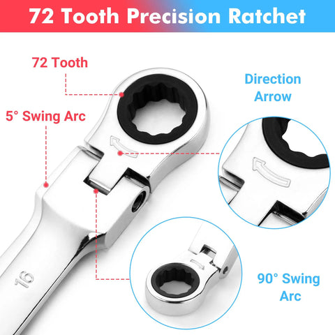 Close-up of 72-tooth ratchet from 20-Piece Ratcheting Wrench Set With 180 Degree Flex Head And 72-Tooth Ratchet For SAE 1/4-3/4 Inch And Metric 6-19 Millimeter, Chrome Vanadium Steel, Compact Storage Bag, Great For Bike, Auto, And Home Repairs.