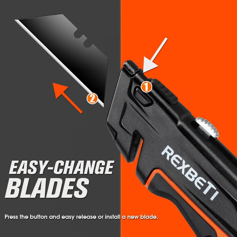 Front and side views of Rexbeti 2-pack utility knife with blade-storage design, black and orange handle