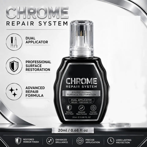 Professional Chrome Repair Pen Nails That Slick Mirror Finish Which Takes Care Of Chips Scuffs And Scratches On Bathroom Fixtures And Metal Hardware For A Legit Factory Fresh Gloss, featuring dual applicator in black bottle.