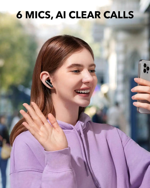 Person using Adaptive Noise Cancelling Wireless Earbuds With Hefty Bass Up To 60 Hour All Day Playtime IPX5 Water Resistance.