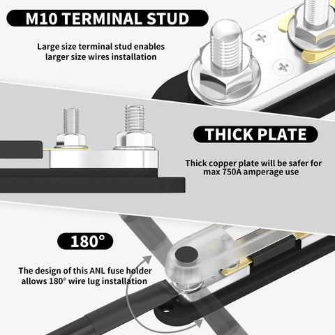M10 terminal stud and thick copper plate design in Top Notch ANL Fuse Holder Set Loaded With 600A Fuse And M10 Stud Terminals Max 750A