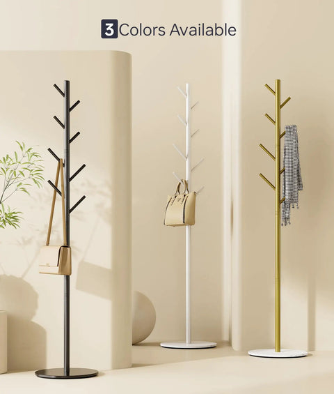 Heavy-Duty Metal Coat Rack With Eight Hooks, Three Adjustable Heights, shown in black, white, and gold with bags and scarf.