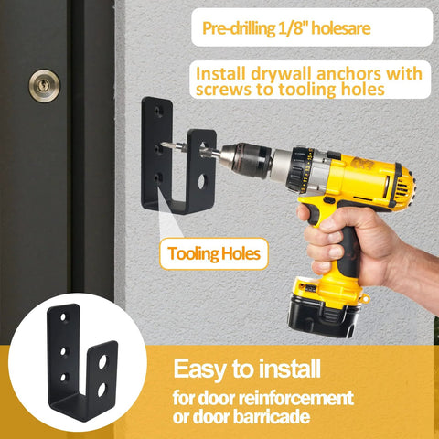 Person installing Two Pack 2x4 Door Barricade Brackets for home security using a drill and screws