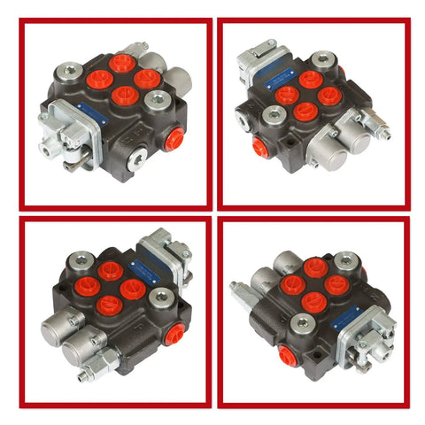 Beefed Up Two Spool Hydraulic Directional Control Valve With 11 GPM Flow, BSPP Ports, 3600 PSI Adjustable Relief, lever handle.