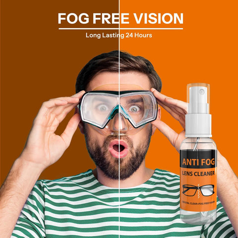 Front view of a man wearing diving goggles with an anti-fog lens cleaner spray bottle beside him.