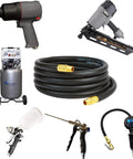 Built Like A Tank Twin Pack Air Compressor Lead Hose 3/8 X 10 Feet with tools and compressor in a workshop setting.