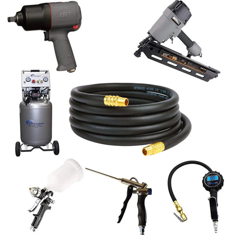 Built Like A Tank Twin Pack Air Compressor Lead Hose 3/8 X 10 Feet with tools and compressor in a workshop setting.