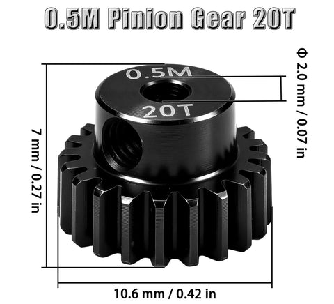 Beefy Hardened Steel 0.5M Pinion Gear 20T With 2mm Bore For RC Cars And Helicopters Upgrade, shown with dimensional details