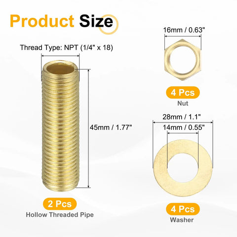 Brass Lamp Repair Hardware Kit 2 Pack With 1.77 Inch Brass Pipes 45mm One Quarter Inch NPT Nipples Lock Nuts And Washers
