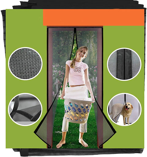 Magnetic Screen Door With Full Frame Seal And Weighted Bottom Fits 34x82 installed on a home doorway with a woman passing through