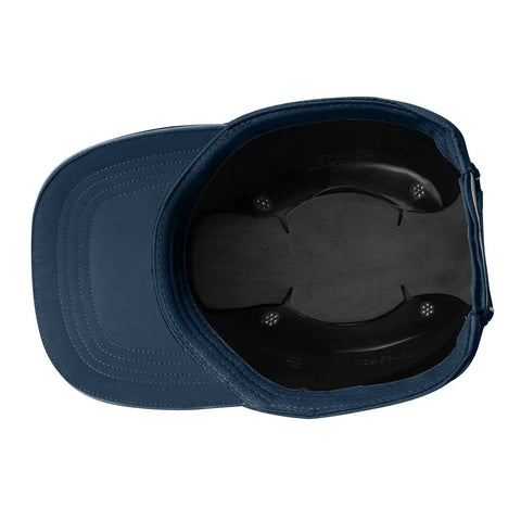 Top view of a Lightweight Safety Bump Cap Baseball Hat Style with Removable ABS Shell and Foam Padding, HDPE Interior, Navy Blue Long Brim.