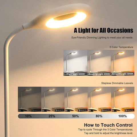 Clip On LED Desk Lamp With Battery Power Cordless Bedside Light, displaying flexible arm, touch control, and color modes chart.