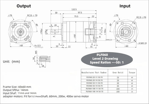 Technical drawing of Beefed Up High Torque Planetary Gearbox 50 To 1 Speed Reducer, showing dimensions and shaft sizes.