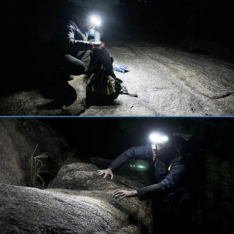 Two individuals using Orbit 2026 Work Edition Headlamp With 210 Degree Wide Beam And 60 Degree Spotlight For full field vision in rocky terrain.
