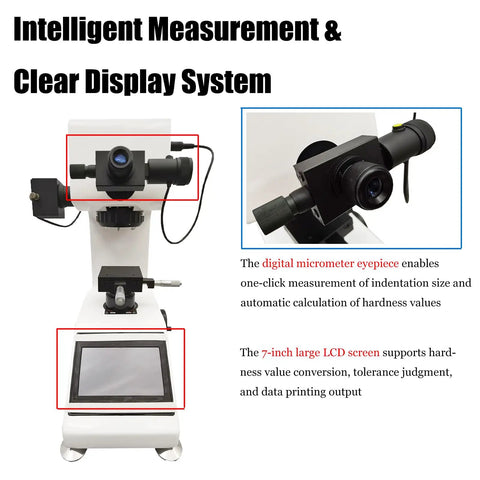 Real Deal Digital Vickers Hardness Tester Featuring Smooth Touchscreen Interface And Dead On Accuracy For Serious Micro Testing Tasks Built Tough For Tight Tolerances And Zero Hassle Calibration Ideal For Shop Floor Experts, showing digital micrometer with LCD.