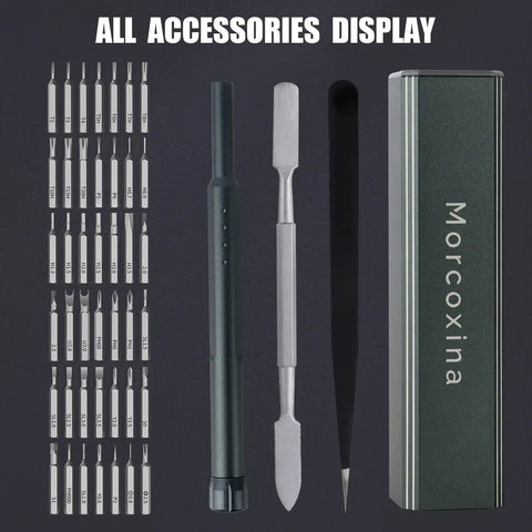 46-In-1 Mini Precision Screwdriver Set with full bit kit for electronics repair displayed with tools in a metal case