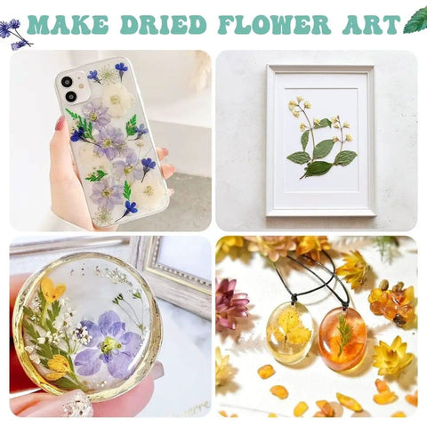 Collage of dried flower art including a phone case, framed art, resin ring, and jewelry pieces, showcasing floral preservation techniques.