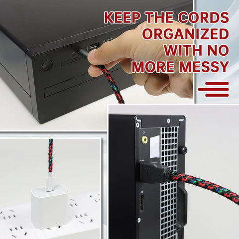 Braided Wire Sleeve Set For Cable Protection And Wire Management in use with devices, no fuss easy protection, red grey white design.