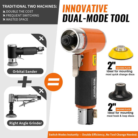 2 Inch Pneumatic Mini Orbital Sander Kit with 2 in 1 Air Right Angle Grinder Polisher, dual-mode tool illustration