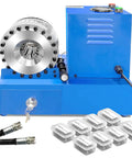 Heavy Duty Electric Hydraulic Hose Crimper Machine With 8 Dies Perfect For Automotive AC And Excavators Crimping Tool For High Pressure Lines Up To One Inch Portable And Versatile Blue Power with silver compression head and dies.
