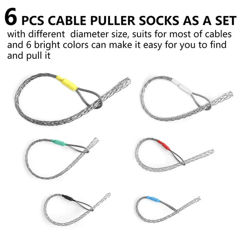 Pro 6 Pc Cable Puller Socks Set With Stainless Steel Eye Grips For Electricians, six color-coded socks for cables 4 to 25mm.