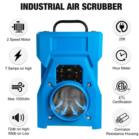 Front view of Beast Heavy Duty 1000 CFM Portable Industrial Air Purifier with True HEPA filter, 1 HP motor, 2 speed handle.